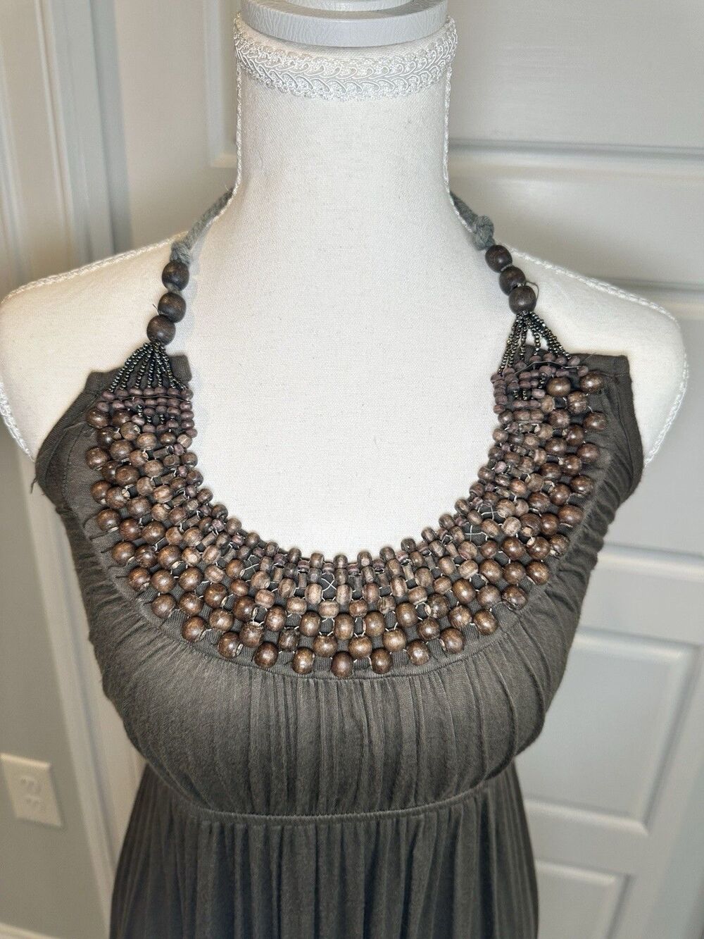 Olive Green Beaded Halter Maxi Dress – Boho Tribal Wood Bead Neckline – Size S - Picture 3 of 7
